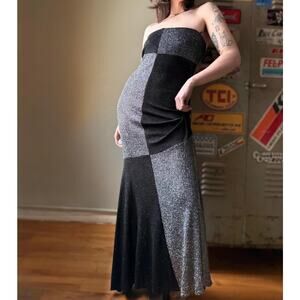 Vintage 90s Jessica McClintock Strapless Gown | Silver Lurex Column Dress | M